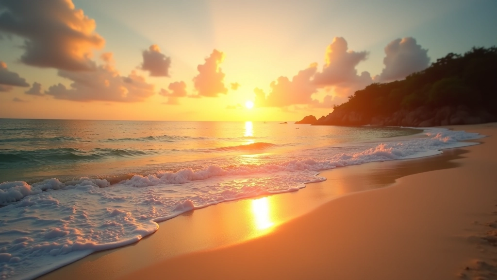 Beach landscape at sunset with golden hour light reflecting off the water and sand
