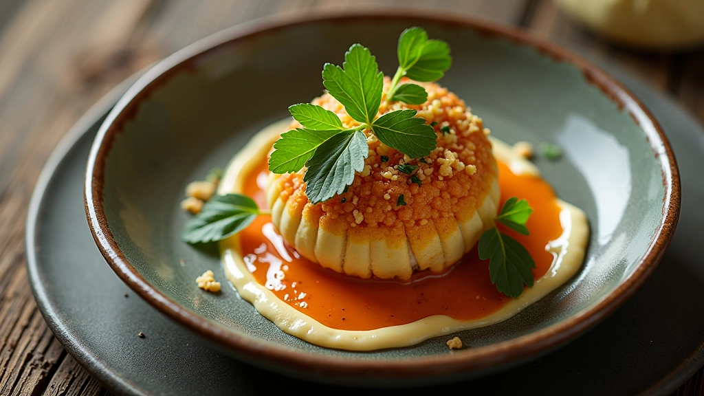 Carefully styled food plate with fresh herbs, microgreens, and sauce drizzle on ceramic dishware