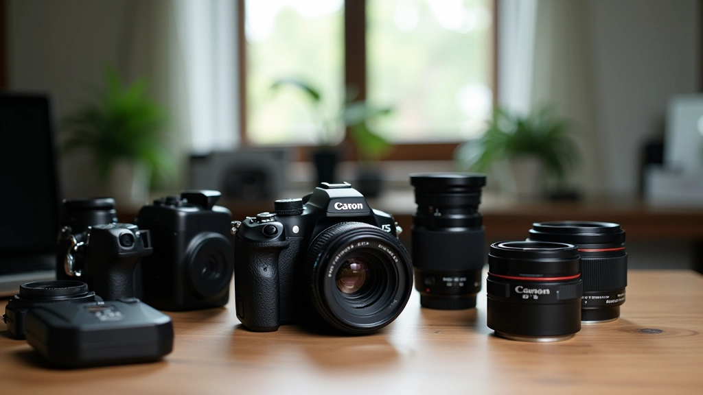 Close-up of professional camera equipment and lenses on wooden table