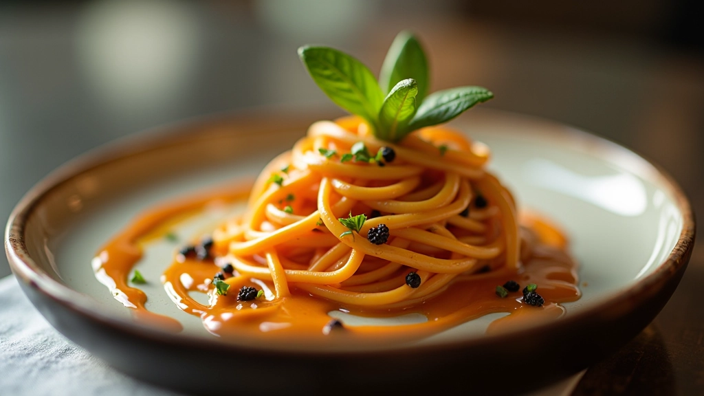 Detailed close-up shot of food textures and sauce drizzle showing professional food photography technique