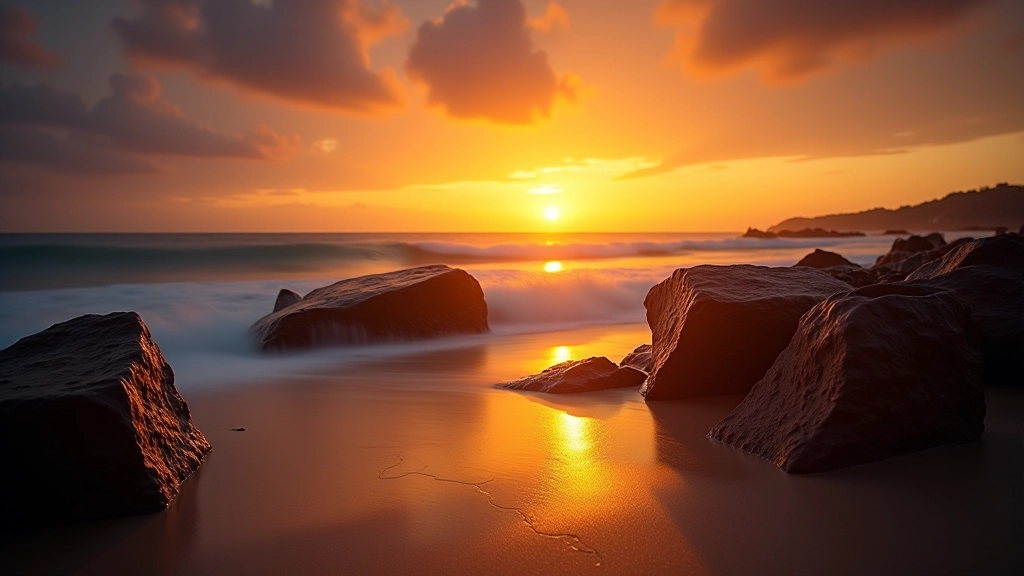 Wide beach landscape showing horizon on lower third with rocks in sharp foreground and golden sunset sky above, demonstrating rule of thirds composition