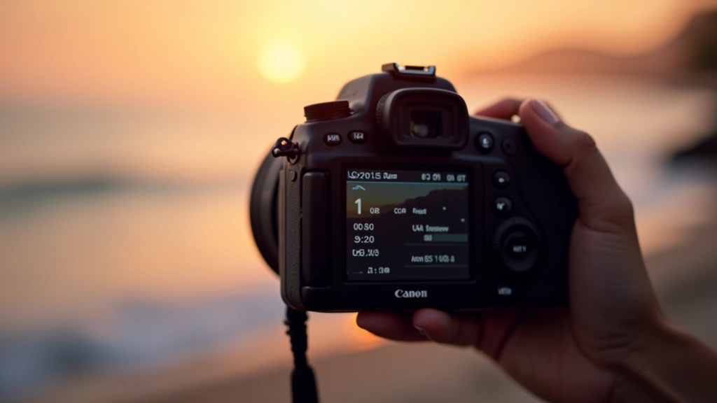 Close-up of camera settings showing manual exposure mode with aperture, shutter speed, and ISO values adjusted for beach golden hour