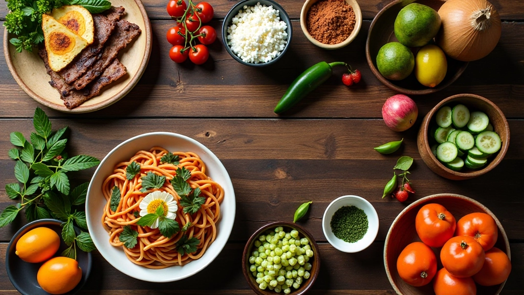 Overhead flat lay composition of food ingredients arranged with dishes and utensils on neutral background