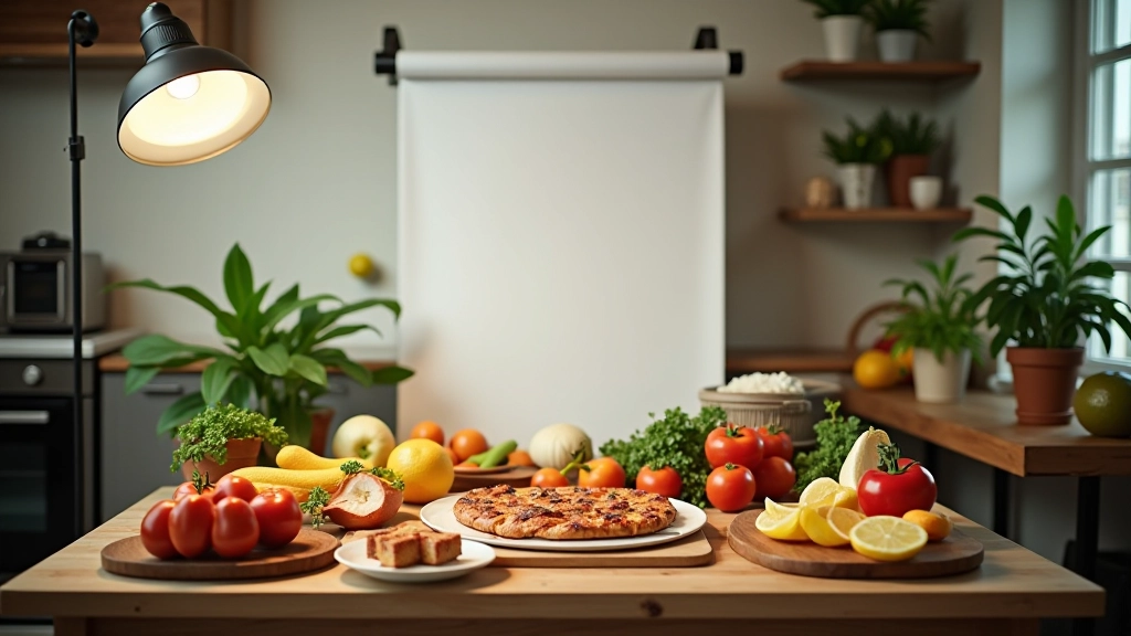 Food photography workspace with reflectors, diffusion panels, and organized styling tools on table