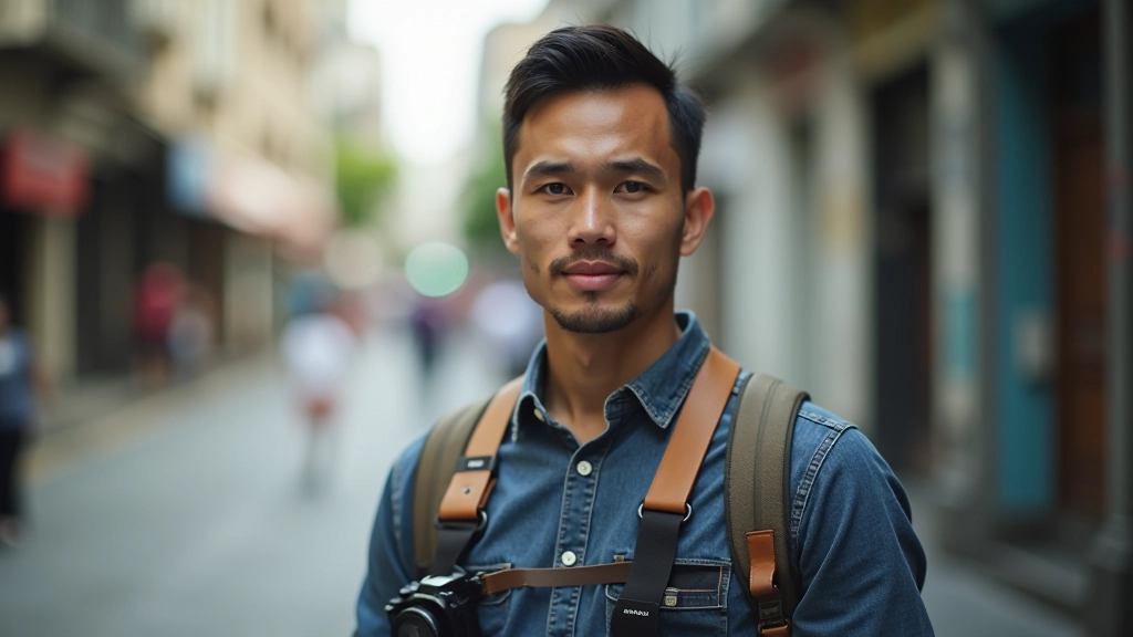 Manila street photographer with camera, standing in busy urban street during daytime, observing pedestrians and architecture