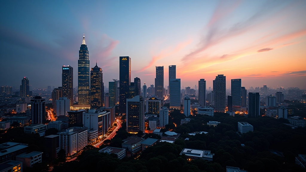 Urban Manila skyline with modern buildings and city lights at dusk