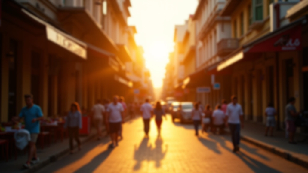 Golden hour photography in Manila with warm sunlight creating long shadows across historic street with colonial buildings