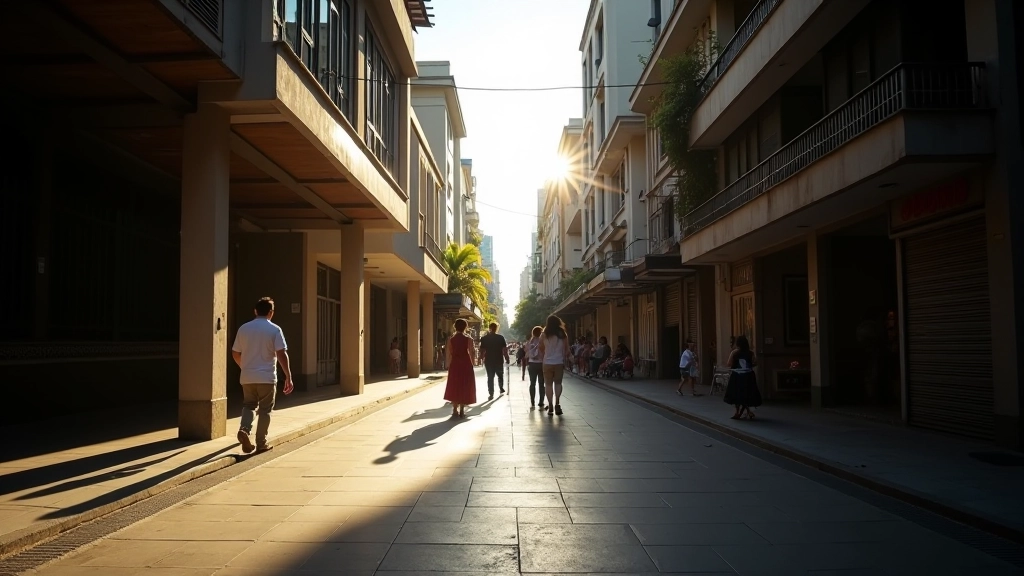 Manila street composition showing leading lines created by building shadows and pedestrian movement, multiple layers of depth