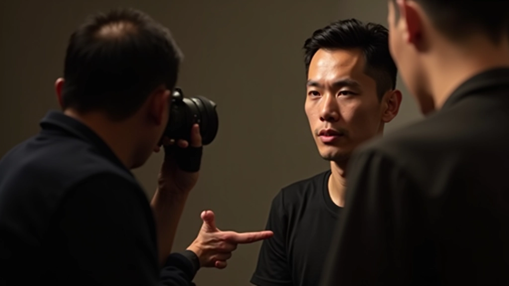 Photographer speaking with a portrait subject in a comfortable studio setting, building rapport and trust before the shoot