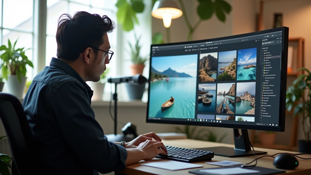 Photographer reviewing photography portfolio on professional display monitor