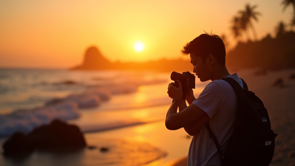 Photographer positioning camera on rocky beach during golden hour with sun low on horizon creating warm backlit atmosphere
