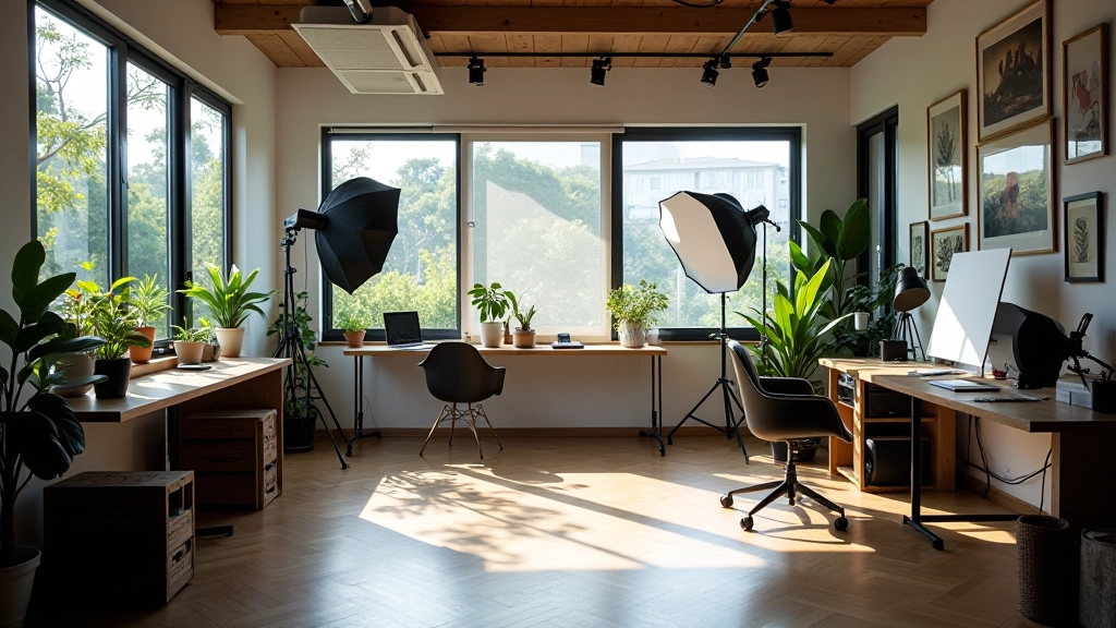 Modern photography studio workspace with equipment and portfolio displays on screens