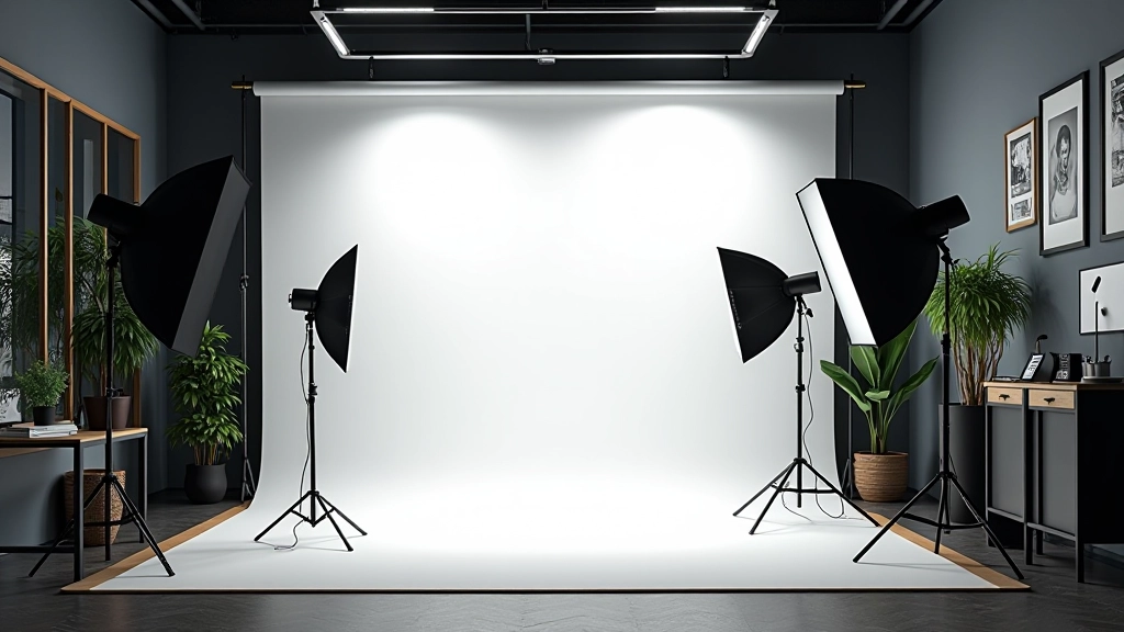 Studio portrait setup showing three-point lighting arrangement with key light, fill light, and back light positioned around the subject